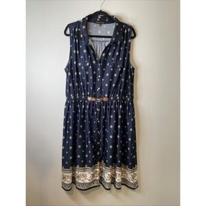 Always Indigo 2X Navy Gold Print Sleeveless Midi Dress Elastic Waist Boho